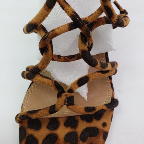 Shoe Land Kyler Womens Size 6.5 Brown Leopard Open Toe Ankle Tie Party 4" Heels - Picture 9 of 14